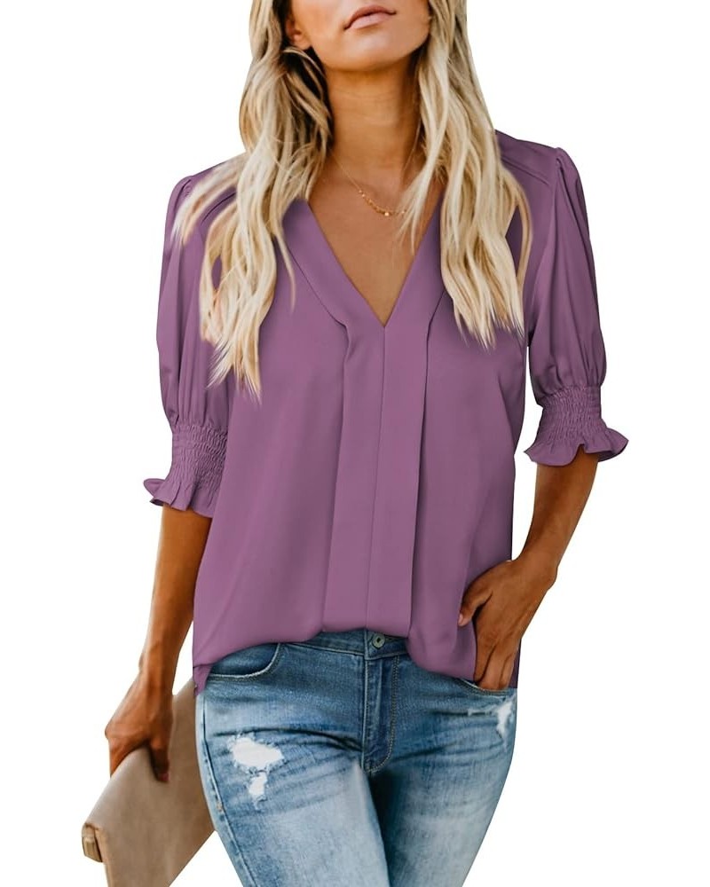 V Neck Blouses for Women Dressy Casual Summer Puff Ruffle Short Sleeve Shirt Tops B Purple $10.83 Blouses
