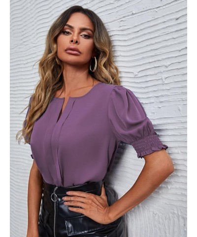 V Neck Blouses for Women Dressy Casual Summer Puff Ruffle Short Sleeve Shirt Tops B Purple $10.83 Blouses