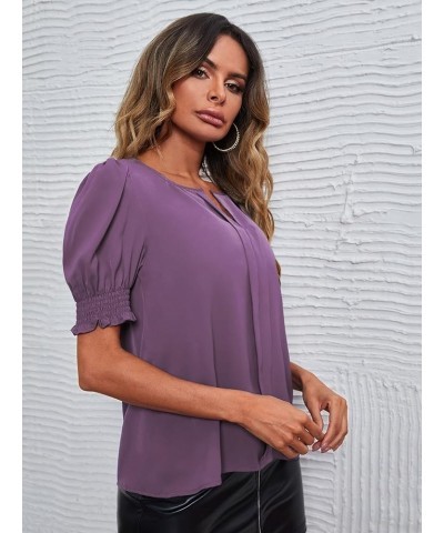V Neck Blouses for Women Dressy Casual Summer Puff Ruffle Short Sleeve Shirt Tops B Purple $10.83 Blouses