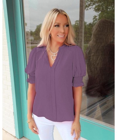 V Neck Blouses for Women Dressy Casual Summer Puff Ruffle Short Sleeve Shirt Tops B Purple $10.83 Blouses