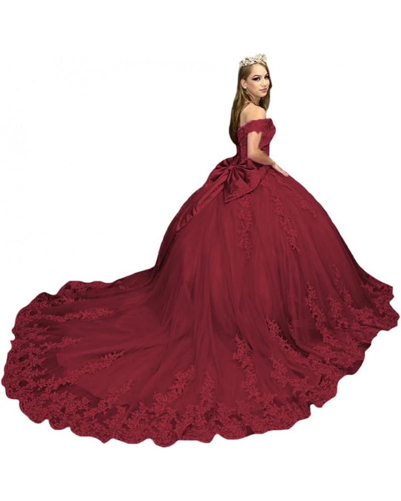 Women's Off Shoulder Quinceanera Dresses Puffy Tulle Prom Dresses with Train Lace Beaded Long Ball Gown for Sweet 15 16 Burgu...