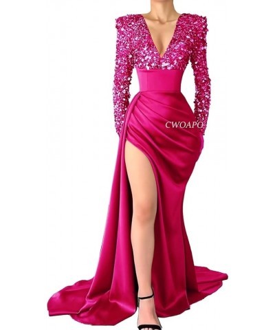 V Neck Sequin Mermaid Prom Dresses for Women Silk Satin Long Sleeve Evening Gown with Slit Formal Wedding Party Dresses Laven...