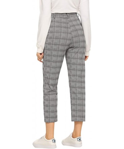 Women's Mid Waist Plaid Print Cropped Pants Vintage Tartan Trousers Grey $15.89 Pants