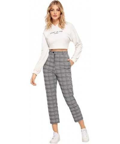 Women's Mid Waist Plaid Print Cropped Pants Vintage Tartan Trousers Grey $15.89 Pants