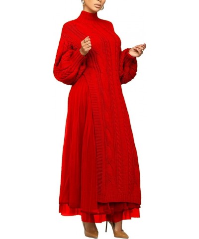 Women Turtleneck Sweater Dress Set Long Sleeve Knitted High Split Dress and Tulle Skirt Matching Set Winter Red $26.39 Sweaters
