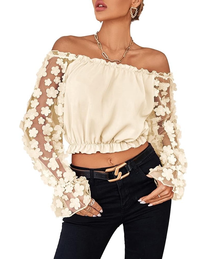 Women's Off Shoulder Floral Mesh Long Sleeve Ruffle Trim Crop Blouse Top Beige $15.80 Blouses