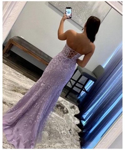 Mermaid Strapless Lace Prom Dresses with Slit Sweetheart Corset Long Formal Evening Gowns with Appliques QA124 Purple $38.40 ...