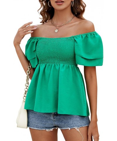 Women's Off The Shoulder Tops Ruffle Trim Short Sleeve Square Neck Smocked Peplum Blouses Cute Summer Casual Shirts Green $12...