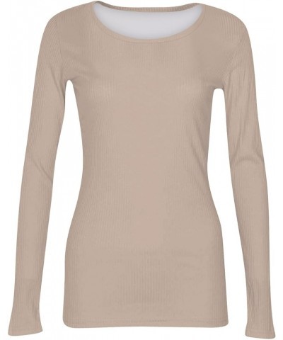 Womens Tunic Holiday Long Sleeve T-Shirt Casual Crew/V Neck Tops Breathable Solid Color Fitted Outdoor Sports Blouse 02-beige...