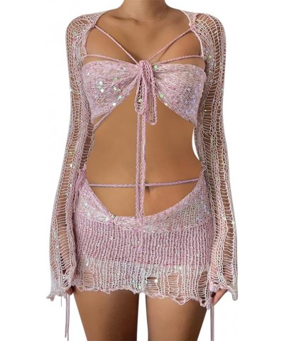Womens 3 Piece Crochet Skirt Sets Strappy Long Sleeve Cover Up Sequins Crop Top Y2K Mini Skirt Outfits Pink $25.64 Suits