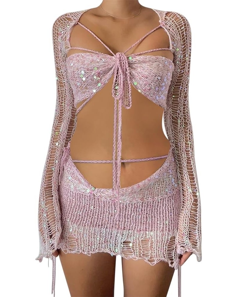 Womens 3 Piece Crochet Skirt Sets Strappy Long Sleeve Cover Up Sequins Crop Top Y2K Mini Skirt Outfits Pink $25.64 Suits