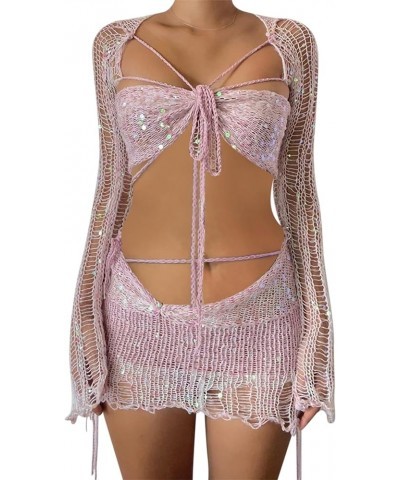 Womens 3 Piece Crochet Skirt Sets Strappy Long Sleeve Cover Up Sequins Crop Top Y2K Mini Skirt Outfits Pink $25.64 Suits