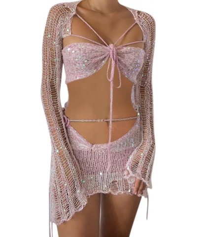 Womens 3 Piece Crochet Skirt Sets Strappy Long Sleeve Cover Up Sequins Crop Top Y2K Mini Skirt Outfits Pink $25.64 Suits