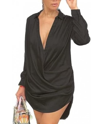 Button Down Shirt Dress for Women Casual Deep V Neck Long Sleeve Balck $15.95 Others