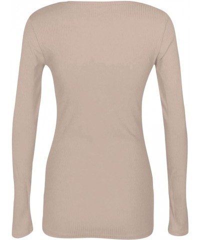 Womens Tunic Holiday Long Sleeve T-Shirt Casual Crew/V Neck Tops Breathable Solid Color Fitted Outdoor Sports Blouse 02-beige...