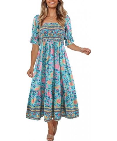 Women's Summer Bohemian Square Neck Floral Print Ruffle Vintage Flowy Beach Vacation Long Midi Boho Dress Multicolor-4 $18.06...
