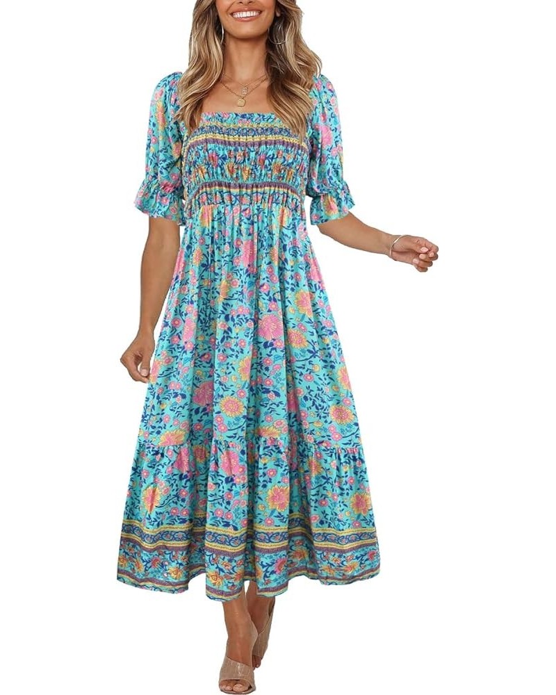 Women's Summer Bohemian Square Neck Floral Print Ruffle Vintage Flowy Beach Vacation Long Midi Boho Dress Multicolor-4 $18.06...