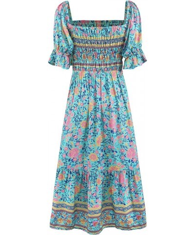 Women's Summer Bohemian Square Neck Floral Print Ruffle Vintage Flowy Beach Vacation Long Midi Boho Dress Multicolor-4 $18.06...