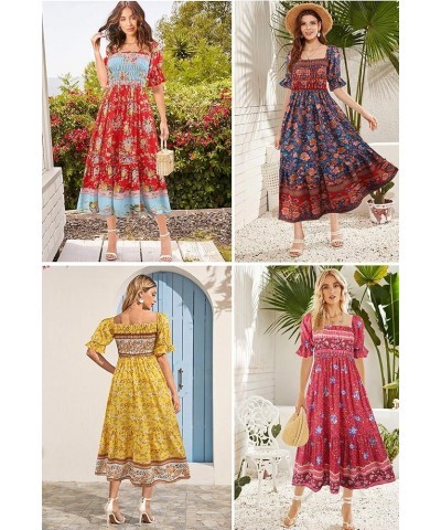 Women's Summer Bohemian Square Neck Floral Print Ruffle Vintage Flowy Beach Vacation Long Midi Boho Dress Multicolor-4 $18.06...