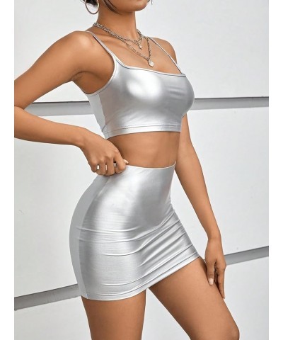 Women's 2 Piece Metallic Outfits Sleeveless Crop Cami Top Bodycon Pencil Mini Skirt Set Silver $14.70 Suits