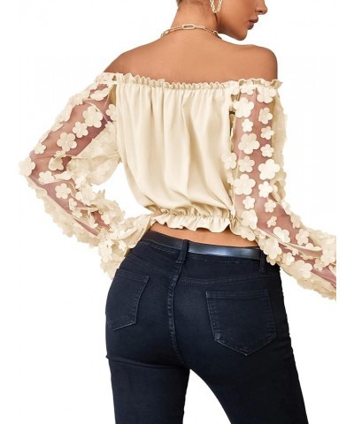 Women's Off Shoulder Floral Mesh Long Sleeve Ruffle Trim Crop Blouse Top Beige $15.80 Blouses