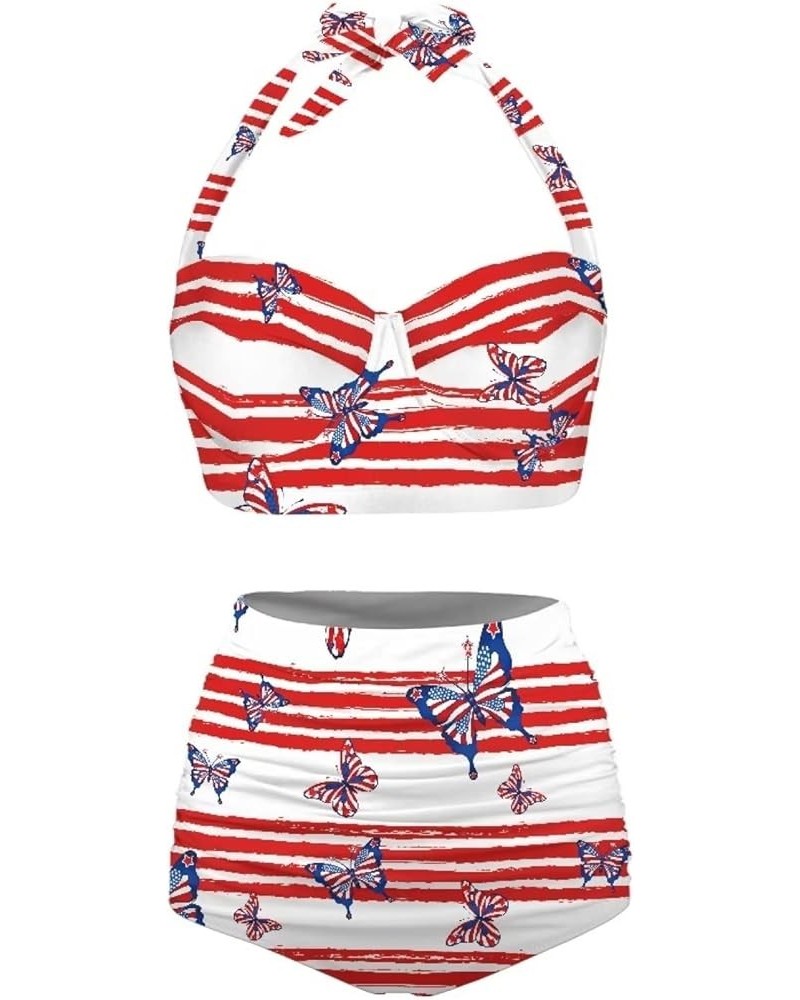 Womens Two Piece Swimsuits High Waisted Bikini Set Tummy Control Halter Ruched Bathing Suits White Stripes Butterfly $14.84 S...