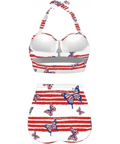 Womens Two Piece Swimsuits High Waisted Bikini Set Tummy Control Halter Ruched Bathing Suits White Stripes Butterfly $14.84 S...