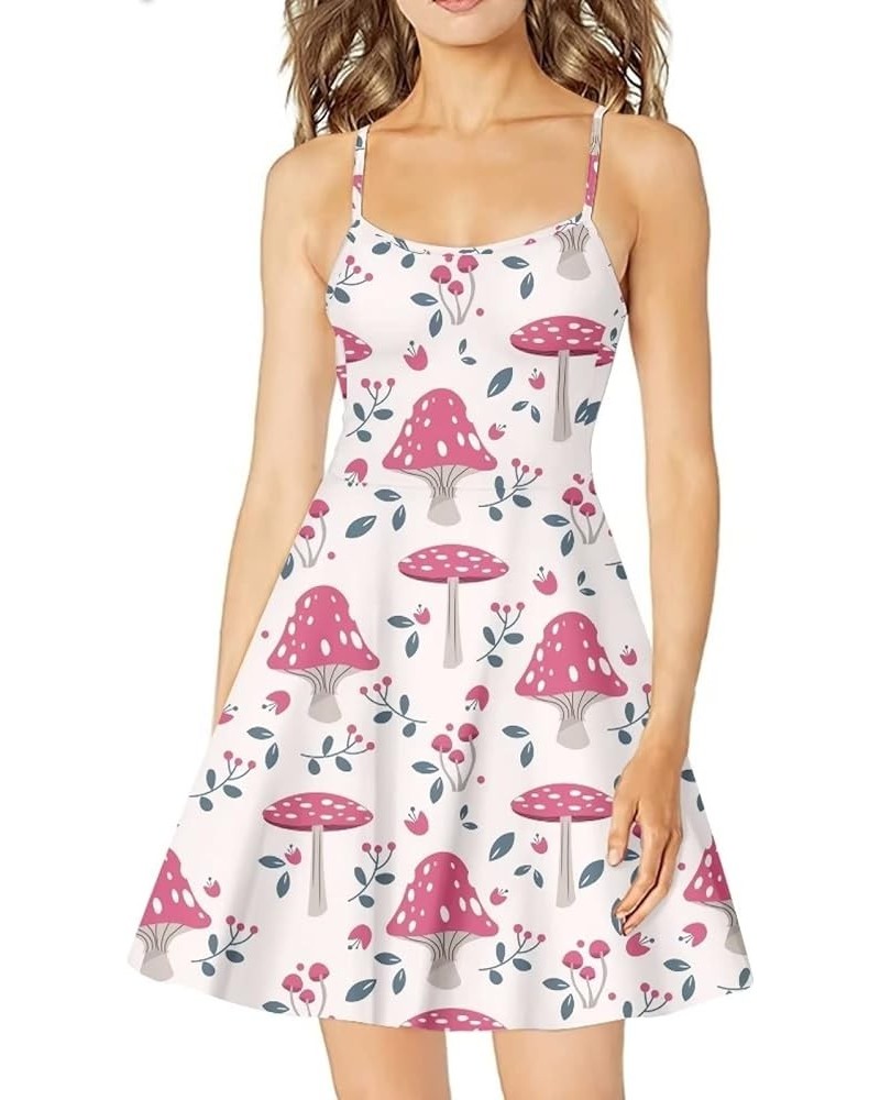 Summer Womens Adjustable Straps Halter Sundress Round Neck Casual Beach Swing Midi Dress Mushroom Puzzle $10.50 Dresses