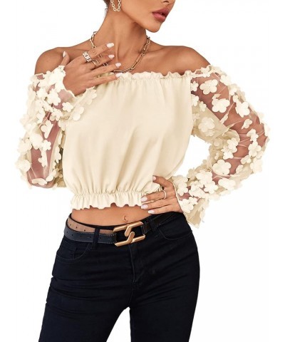 Women's Off Shoulder Floral Mesh Long Sleeve Ruffle Trim Crop Blouse Top Beige $15.80 Blouses