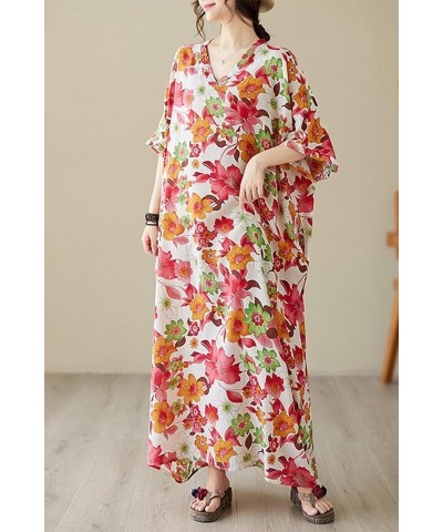 Women Loose Cotton Linen Dress Boho Floral Print 3/4 Sleeve Dress with Pockets 23780 Style $12.47 Dresses