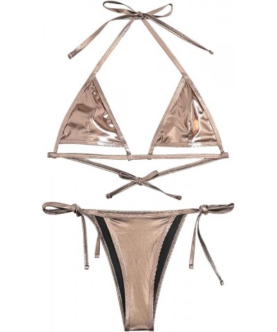 Women's Metallic Bikini Set Cut Out String Swimsuit Micro Triangle High Cut Thong Bathing Suit Champagne $8.69 Swimsuits