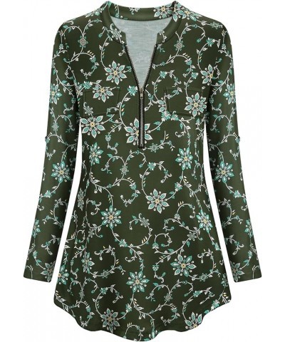 Womens Casual Long Sleeve Zipped V Neck Plaid Tunic Blouses Green Flowers $15.94 Tops