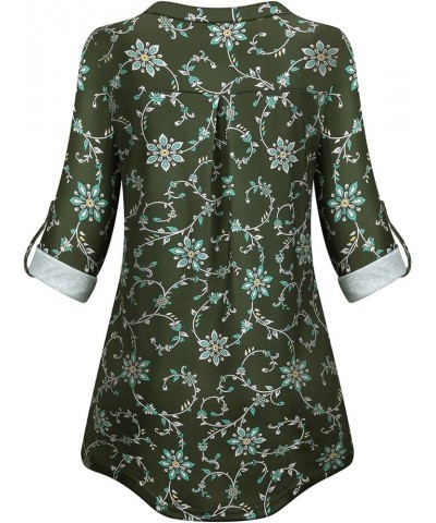 Womens Casual Long Sleeve Zipped V Neck Plaid Tunic Blouses Green Flowers $15.94 Tops