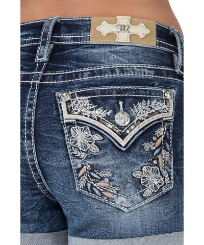 Women's Mid-Rise Embellished Floral Branches Faux Flap Pocket Cuffed Shorts Dark Blue $47.96 Shorts