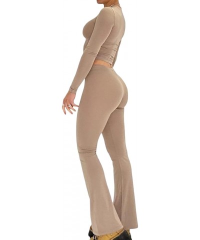 Women's Lounge Sets Two Piece Outfits Basic Long Sleeve Crop Tee Tops Low Rise Flare Pants 2 Piece Yoga Tracksuit 2 light Bro...