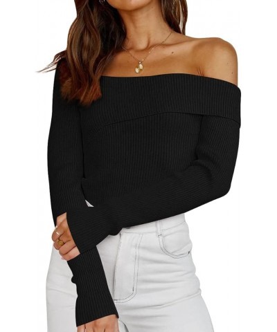 Womens Off Shoulder Sweaters 2024 Fall Long Sleeve Knitted Lightweight Going Out Pullover Sweater Tops Black $21.83 Sweaters