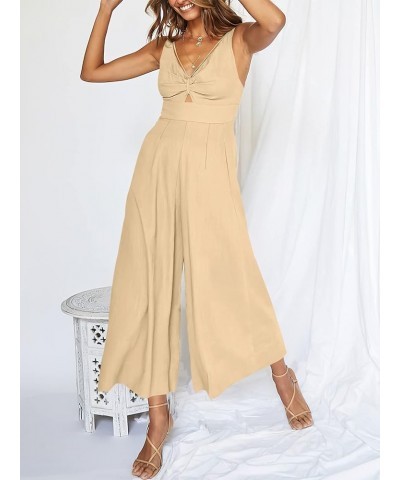 Women's Summer Wide Leg Jumpsuits V Neck Sleeveless High Waist Vacation Linen Rompers Dressy Beige $20.25 Jumpsuits