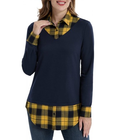 Women's Contrast Plaid Collar 2 in 1 Blouse Tunic Tops Navy - Yellow Plaid $13.74 Tops