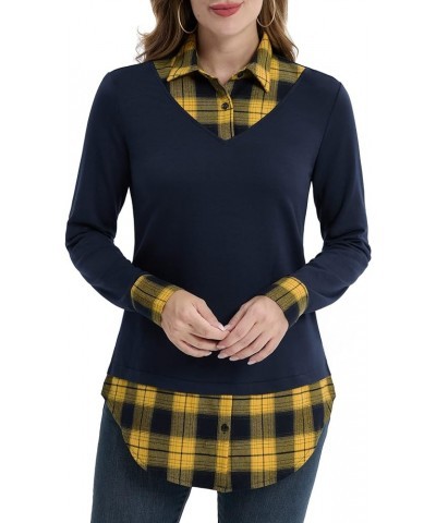 Women's Contrast Plaid Collar 2 in 1 Blouse Tunic Tops Navy - Yellow Plaid $13.74 Tops