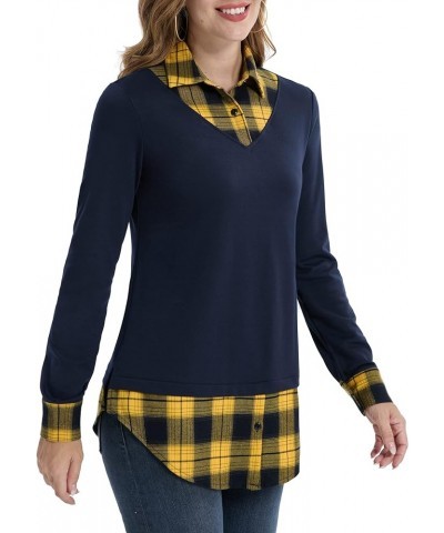 Women's Contrast Plaid Collar 2 in 1 Blouse Tunic Tops Navy - Yellow Plaid $13.74 Tops