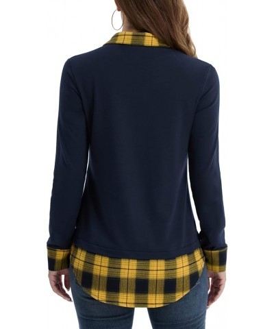 Women's Contrast Plaid Collar 2 in 1 Blouse Tunic Tops Navy - Yellow Plaid $13.74 Tops