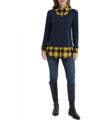 Women's Contrast Plaid Collar 2 in 1 Blouse Tunic Tops Navy - Yellow Plaid $13.74 Tops