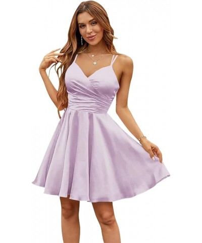 Satin Homecoming Dresses for Teens Short Spaghetti Straps V Neck Prom Party Cocktail Gowns with Pockets Lilac $34.79 Dresses
