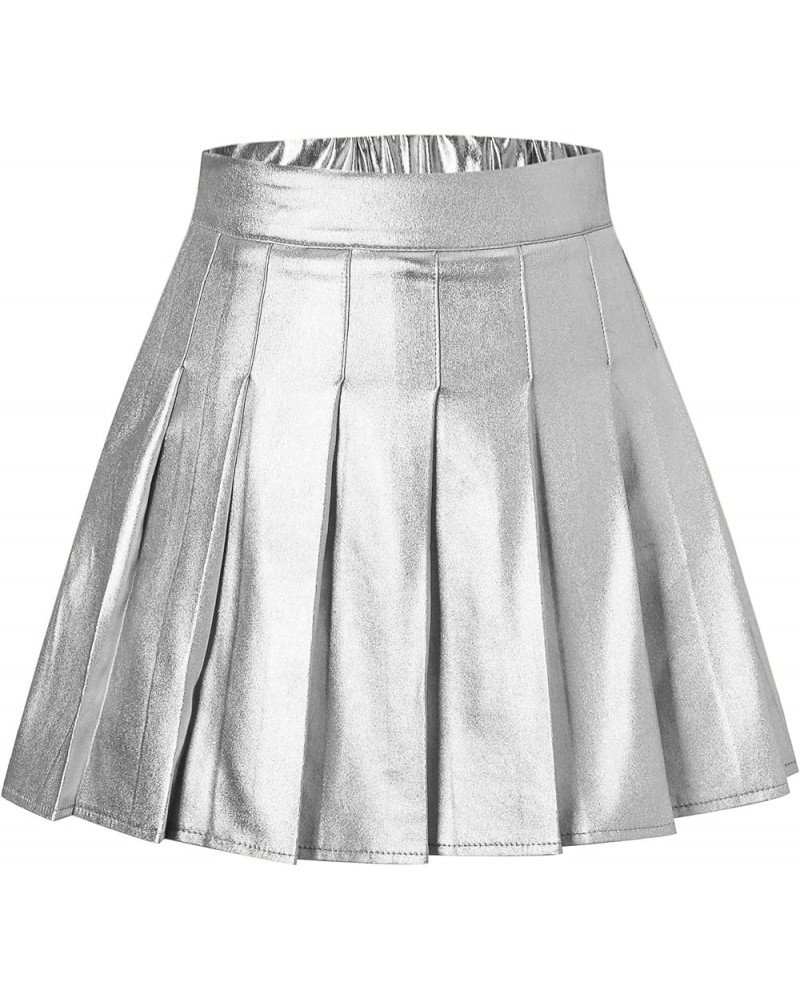 Women's Pleated Mini Skirt with Comfy Casual Stretchy Band Skater Skirt, US XS - US 4XL A Plain-silvery $12.96 Skirts
