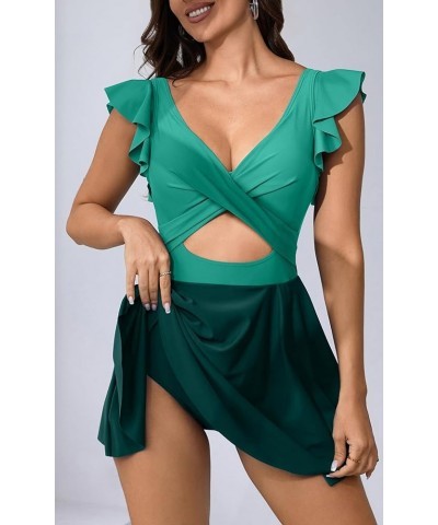 Tummy Control One Piece Swimsuit for Women Ruffle Swimdress V Neck Wrap Bathing Suit Cutout Swimwear with Skirt Green Color B...