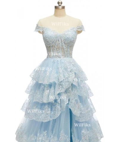 Off Shoulder Tiered Lace Prom Dresses 2024 Long Ball Gowns for Women Formal Sparkly Sequin Corset Evening Gown with Slit Turq...