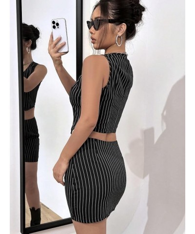 Women's Two Piece Outfit Striped Print Button Front Vest Blazer and Skirt Set Black $10.25 Suits