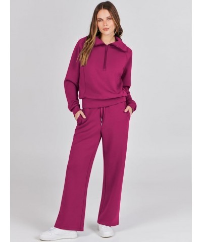 Women 2 Piece Outfits Sweatsuit Set 2023 Fall Oversized Half Zip Sweatshirt Wide Leg Sweatpant Lounge Set Tracksuit Hot Pink ...