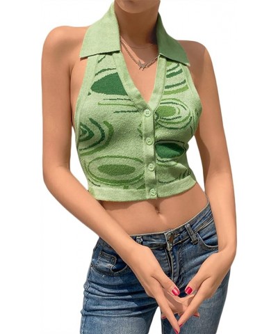Halter Vest for Women Sexy Y2k Streetwear Fashion Knitted Stripe Sleeveless Top Shirts Summer Button Sweater Tank Tops Green ...