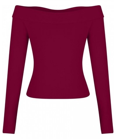 Women's Casual Sexy Slim Set off the Shoulder Long Sleeve Blouse + Stretchy Flare Pants Daily Working Two Piece Wine $12.23 S...